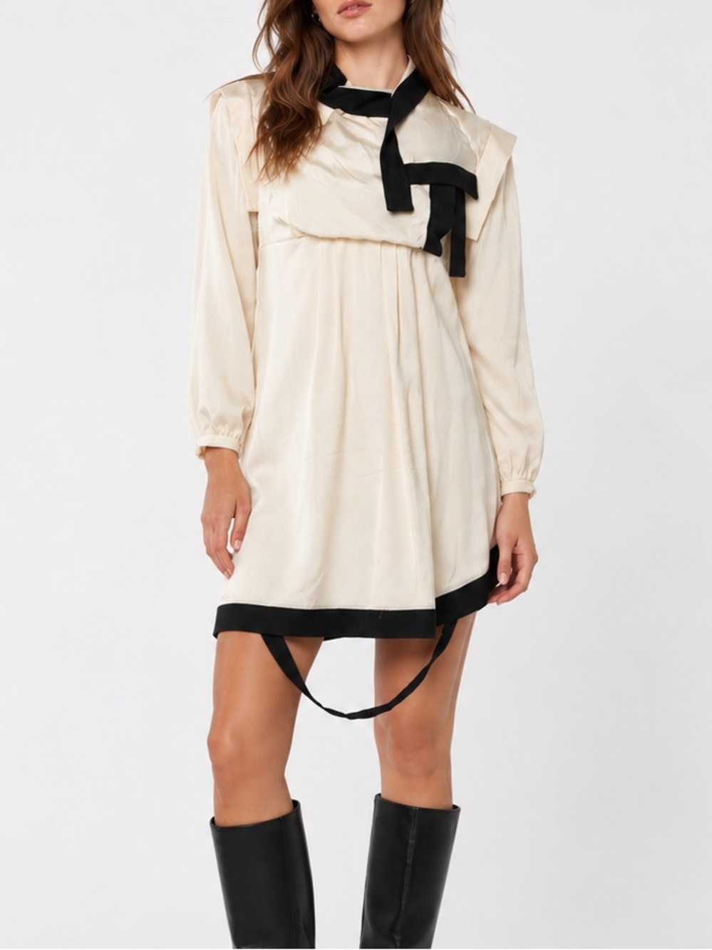 Derek Lam Silm Cream and Black Contrast Tie-Neck Mini Dress